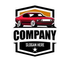 Muscle-Car-Logo-Design. Dieses Logo eignet sich für Garagen, Werkstätten, Reparaturwerkstätten, alte oder klassische Autowerkstätten. auch für Autorestaurierung, Reparatur und Rennen. vektor