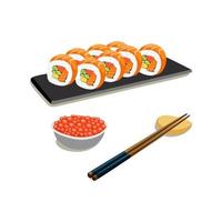 Sushi-Rolle, roter Kaviar, Essstäbchen, Vektorillustration