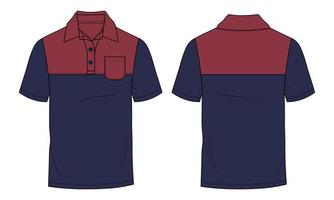 kortärmad pikétröja med bröst klippa och sy tekniska mode platt skiss vektor mall fram- och bakvyer. pique bomull jersey klänning design mock up illustration.