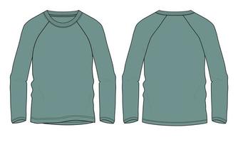raglan långärmad t-shirt teknisk mode platt skiss vektor illustration grön färg mall