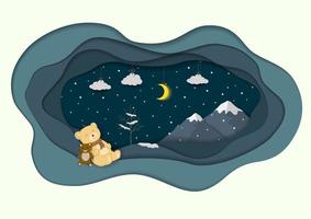 Papierkunst Winterlandschaft mit süßem Bären, der im Loch schläft vektor