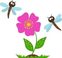 vektor bakgrund med blommor och flugor. söta barns illustration.