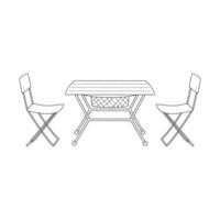 doodle camping hopfällbara bord och stolar. turistmöbler för picknick, friluftsliv, vila i naturen. disposition handritad svart och vit vektorillustration isolerad på en vit bakgrund. vektor