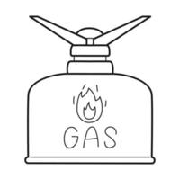 doodle gasflaska och gasbrännare. camping utomhus spis. utrustning för matlagning vid vandring, resor, camping. turistinventering. kontur svart och vit vektorillustration isolerade på vitt. vektor