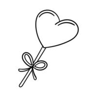 hjärtformad klubba på en pinne med en rosett. dekorativt designelement för alla hjärtans dag. enkel konturillustration ritad för hand och isolerad på en vit bakgrund. svart vit vektor. vektor