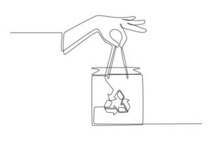 kontinuierliche einzeilige zeichnung hand halten öko-verpackungsbeutel. Öko-Verpackungskonzept. einzeiliges zeichnen design vektorgrafik illustration. vektor