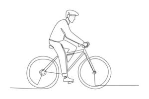 enda en rad ritning man cyklar på vägen. väg och trafik koncept. kontinuerlig linje rita design grafisk vektorillustration. vektor