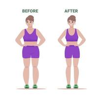 Fette Frauen werden im Fitnessstudio schlank. Frau vor und nach dem Training. flache vektorillustration lokalisiert auf weiß. vektor