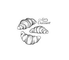 Croissant französisches Essen Icon-Set. Bäckerei Lebensmittel Handzeichnung Strichzeichnungen auf weißem Hintergrund. Kuchen zum Frühstücksbanner vektor