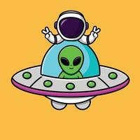 niedlicher alien und astronaut auf ufo-raumschiff-cartoon-vektor-symbol-illustration. Symbolkonzept für Wissenschaftstechnologie isolierter Premium-Vektor. vektor