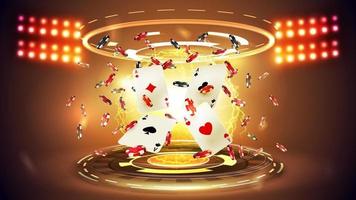 goldene Casino-Spielkarten mit Pokerchips und Hologramm digitaler Ringe in orangefarbener, leerer Szene mit Scheinwerfern vektor