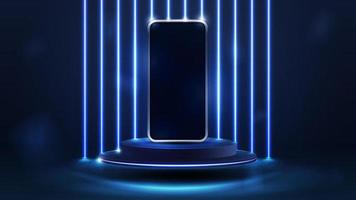 smartphone på blå podium svävande i luften i mörk scen med vägg av linje vertikala blå neonlampor på bakgrund. vektor
