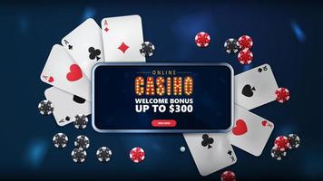 Online-Casino, blaues Banner mit Smartphone mit Angebot, Spielkarten und Pokerchips, Draufsicht vektor