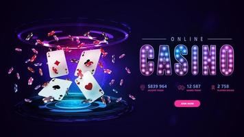 online-casino, banner mit knopf, casino-spielkarten mit pokerchips und hologramm digitaler ringe in dunkler leerer szene vektor