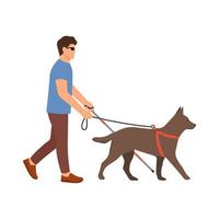 blind man med käpp och ledarhund. funktionshindrad hane med blindhet. går med seende hund. vektor illustration isolerad på vit bakgrund.