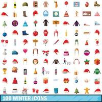 100 Wintersymbole im Cartoon-Stil