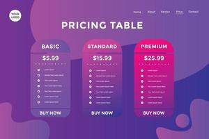 målsida produktpaket pris för webbplats. mall för prisdiagram. affärsplanens prislista. gradientfärg vektor