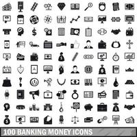 100 bank pengar ikoner set, enkel stil vektor