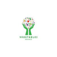 vektor logotyp formgivningsmall med grönsaksikoner i abstrakt linjär stil för ekologisk butik hälsokostbutik eller vegetariskt kafé