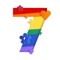 7 numerisches alphabet lgbtqia stolz monat weltgleichheit flagge abstrakt berg geographie konturkarte 3d-schicht ausgeschnitten papierkarte vektor