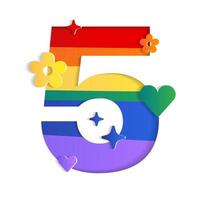 5 numerisches alphabet lgbtqia stolz monat weltgleichheit flagge abstrakt berg geographie konturkarte 3d-schicht ausgeschnitten papierkarte vektor