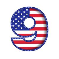 9 numeriskt nummer tecken bokstav usa självständighetsminnesdagen Amerikas förenta stater teckensnitt blå marinröd stjärna ränder nationalflagga vit bakgrund 3d pappersutklipp vektorillustration vektor