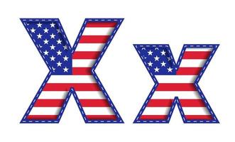 x alphabet großbuchstabe kleinbuchstabe usa unabhängigkeit gedenktag vereinigte staaten von amerika zeichen schriftart blau marine rot stern streifen nationalflagge weißer hintergrund 3d papierausschnitt vektorillustration vektor