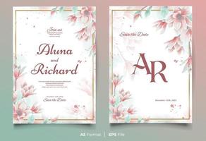 aquarellhochzeitseinladungsschablone mit rosa und grüner blumenverzierung vektor