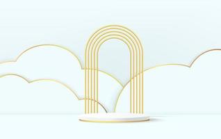 Vektor 3d abstrakter Studioraum mit Sockelpodium. weiße und goldene geometrische Plattform mit dreieckiger Überlappungskulisse. luxusszene zur vorführung von kosmetischen produkten. Vitrine, Vitrine