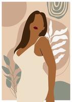 Plakatsammlung mit afrikanischem Frauenporträt, exotischen tropischen Blättern auf pastellfarbenem Hintergrund. afroamerikanerin illustration für poster, banner, plakat, druck, leinwand in erdton vektor