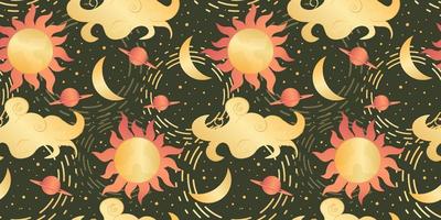 himmelska sömlösa mönster med sol, måne och stjärnor. magisk astrologi i boho vintage stil. mystisk hednisk gyllene sol med planeter och moln. vektor illustration.