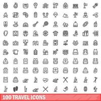 100 Reisesymbole gesetzt, Umrissstil vektor