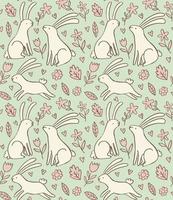 zartes Frühlingsvektormuster mit Kaninchen und Blumen. Nahtloser Hintergrund der süßen Hasen im Doodle-Stil. vektor