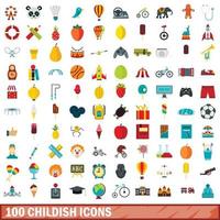 100 barnsliga ikoner set, platt stil vektor