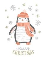 jul pingvin vektor illustration. söt handritad pingvin i vintermössa och halsduk med snöflingor. god jul gratulationskort design.