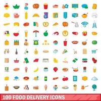 100 Symbole für die Lieferung von Lebensmitteln im Cartoon-Stil vektor