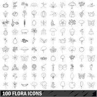 100 flora ikoner set, konturstil vektor