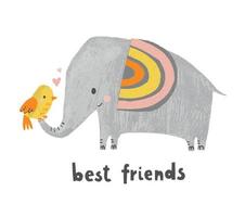 söt elefant och fågel. bästa vänner djurkaraktärer. barn vektor illustration.