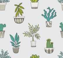 Pflanzen in Töpfen Vektormuster im Doodle-Stil. Sukkulenten, Kakteen und andere Zimmerpflanzen in Töpfen. nahtloser Hintergrund. vektor