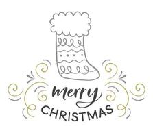 merry christmas card design med manus bokstäver, strumpa och dekorativa virvlar. handskriven jul kalligrafi. gratulationskort design, etikett, emblem, tagg. vektor