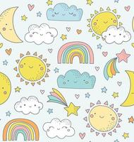 süßes Himmelsmuster. Nahtloses Vektordesign mit lächelndem Mond, Sonne, Regenbogen, Sternen, Wolken und Herzen. Baby-Illustration. Gekritzelkinderwettermuster. vektor