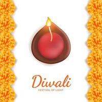diwali festival av ljus hälsningsdekoration med 3d realistisk oljelampa och ringblomma med vit bakgrund vektor