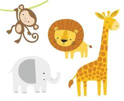 niedliches dschungeltierset. Vektor Cartoon Baby Löwe, Elefant, Giraffe, Affe. Kindergrafiken, Kunst, Poster.