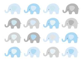 niedlicher elefantenvektorsatz. Vektorelefanten mit gemusterten Ohren. blau und grau. vektor