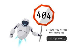 Website-Seite nicht gefunden. falsche url-adresse fehler 404. lächelnder robotercharakter mit rotem straßenschild. Seitenabsturz bei technischen Arbeiten. Webdesign-Vorlage mit Chatbot-Maskottchen. Online-Bot-Unterstützungsfehler