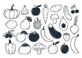 uppsättning grönsaker och frukter i doodle stil. enkla illustrationer. vektor illustration. utrustning