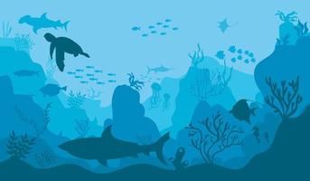 Unterwasserozean Hintergrund. schwarze Silhouetten, die Meeresfische mit Korallen und Vektorpflanzen schwimmen. vektor
