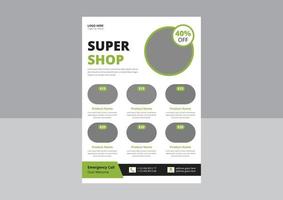 super shop flyer design. super försäljning flyer affisch broschyr mall. stormarknad rea flygblad design. omslag, a4-storlek, flygbladsdesign. vektor