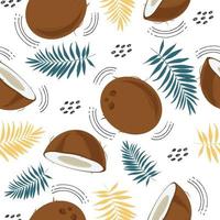 seamless mönster med kokos och palmblad och abstrakta element, isolerad på en vit bakgrund. hel kokos och skiva. vektor illustration i tecknad platt stil.