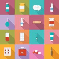 satz medizinischer symbole mit medikamenten, medizinischem bedarf, produkten. illustration von pillen, kapseln, spritzen, gläsern, einlauf, verbandskasten, nasentropfen, halsspray. Vektor